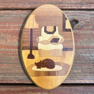 Vintage 90s Round Mountain Woodworks Cat Inlay Wall Art 6x3.5 Handmade Wood Oval